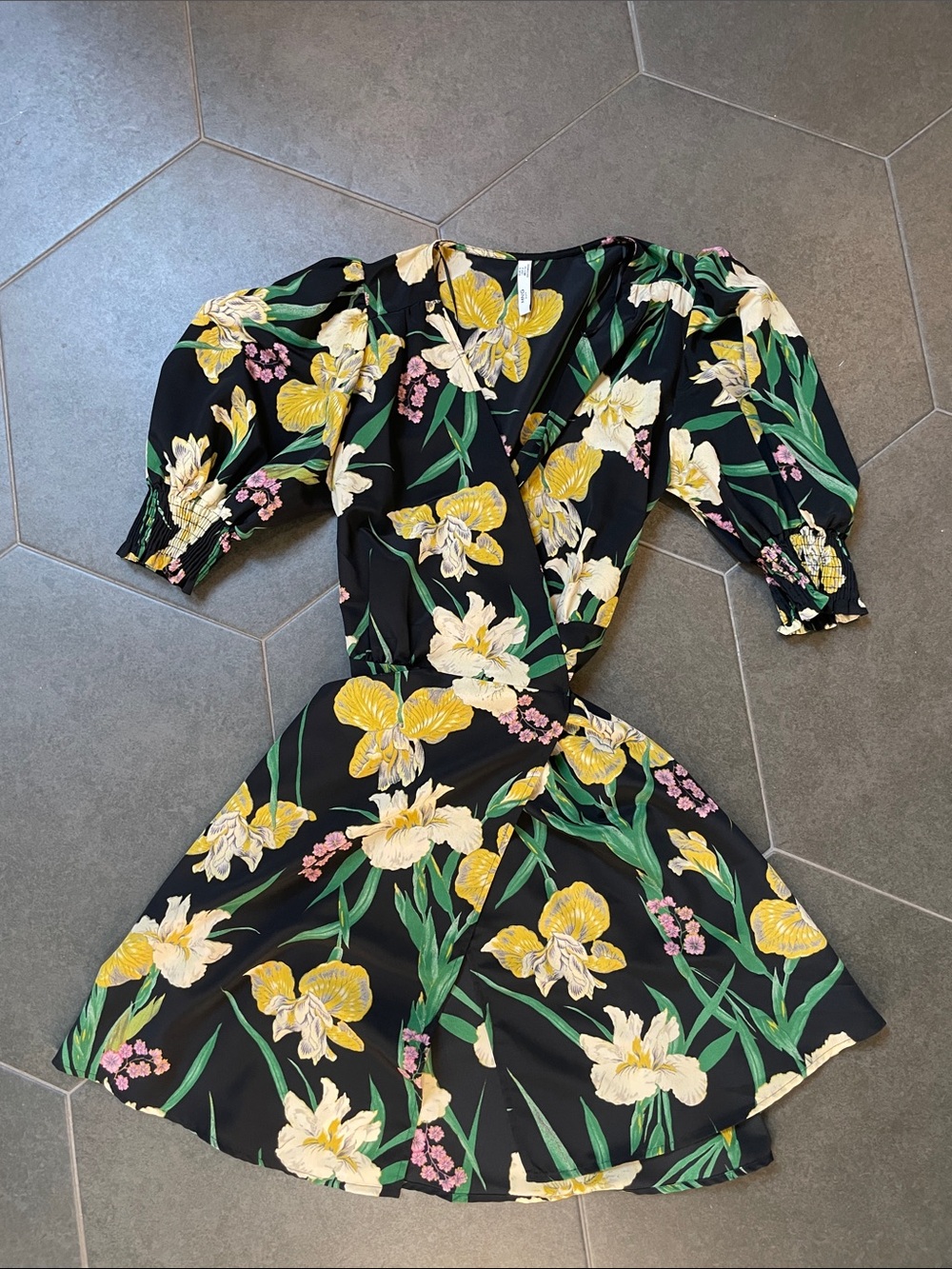 MNG Mango Black Floral Mini Wrap Dress with Yellow & Green Botanical Print